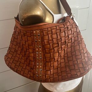 Marta Ponti Cognac Studded Woven Leather Shoulder Bag Purse